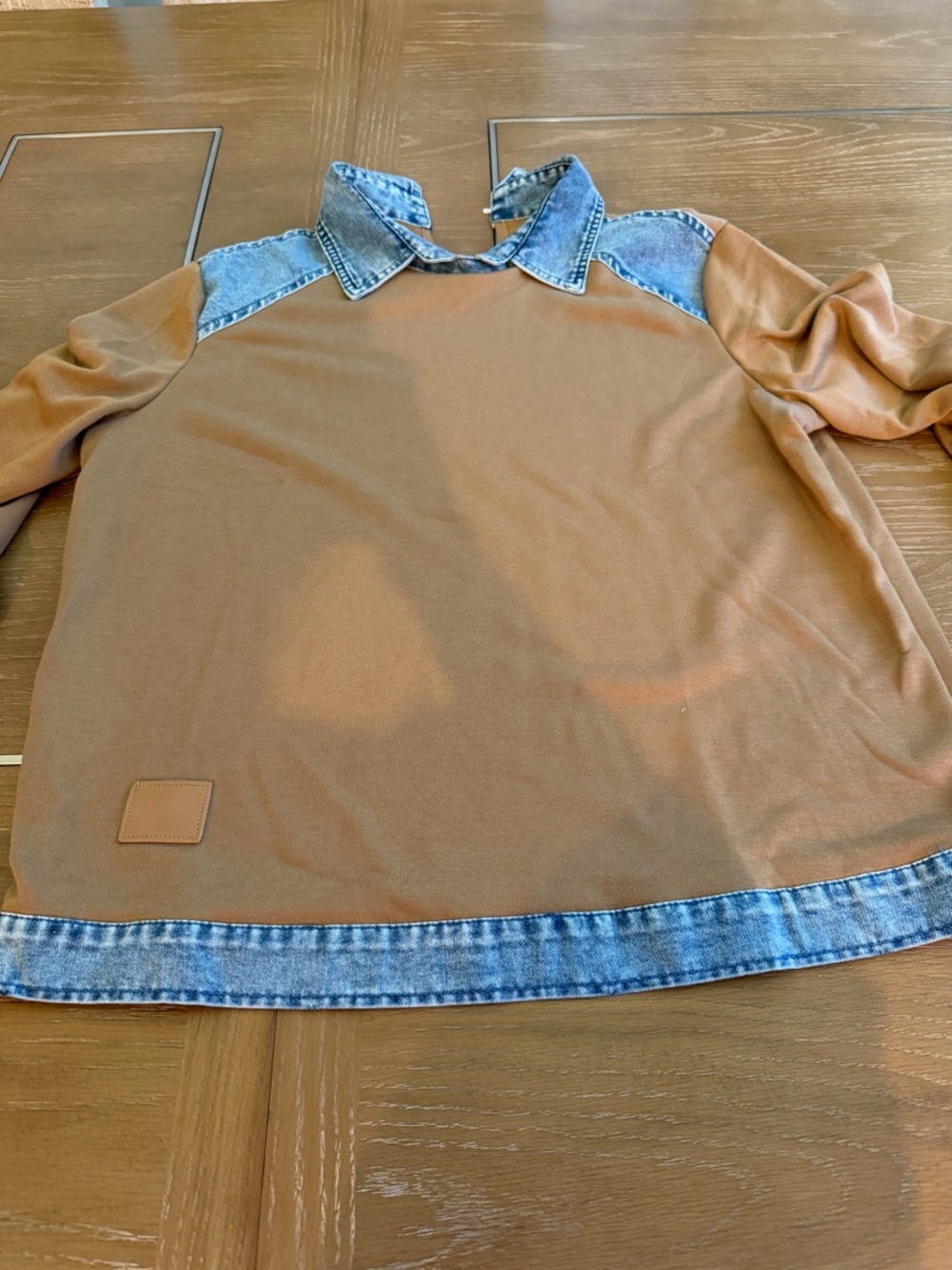 Womens Brown Top with Denim Trim - Casual Long Sleeve Shirt